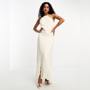 Mango premium halterneck fringe detail midi dress